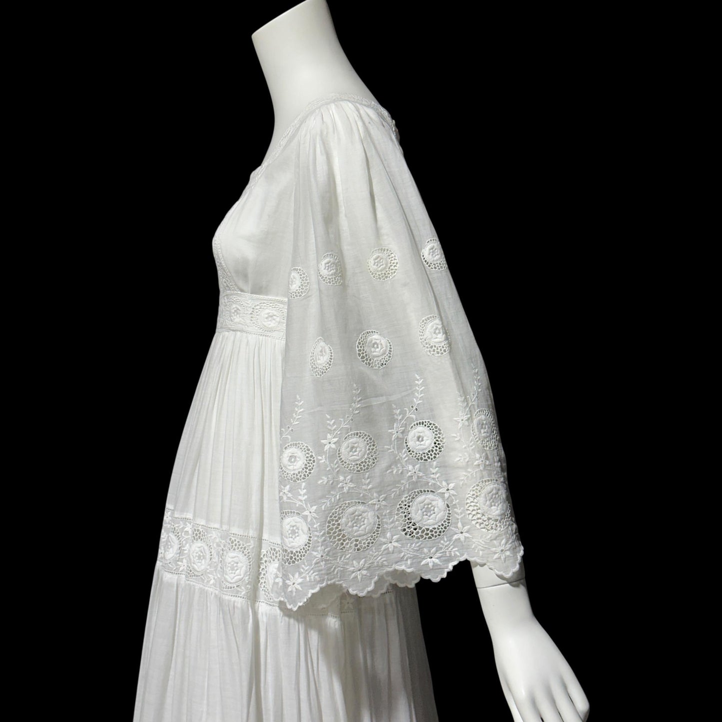 1970s Mexican Wedding dress, White batiste cotton embroidered empire ball gown
