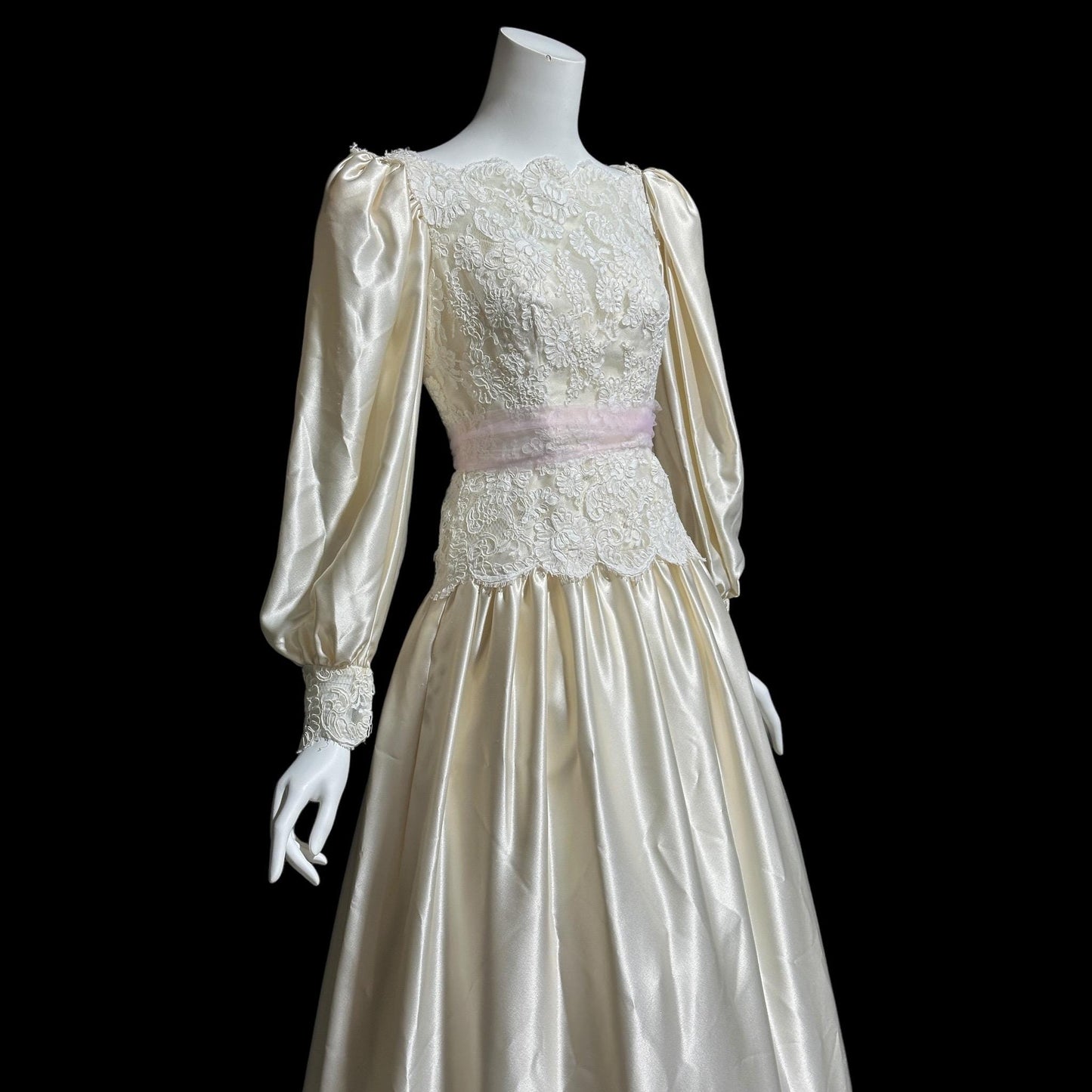 HOUSE of BIANCHI, vintage 1970s wedding dress, romantic boho white silk satin poet sleeve bridal gown