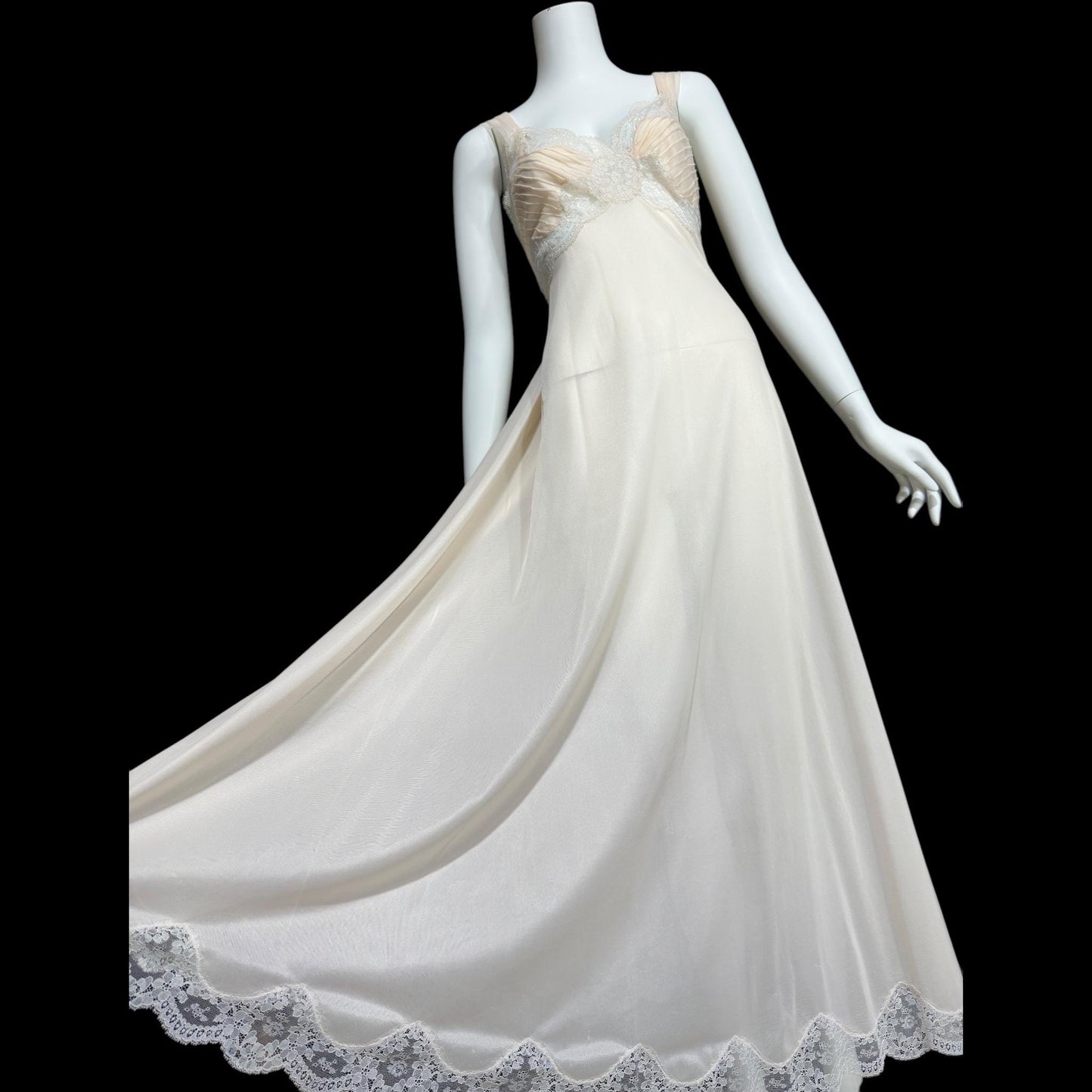 ROGERS vintage 1950s nightgown slip dress, ethereal soft peach chiffon and lace pin tucks, full length