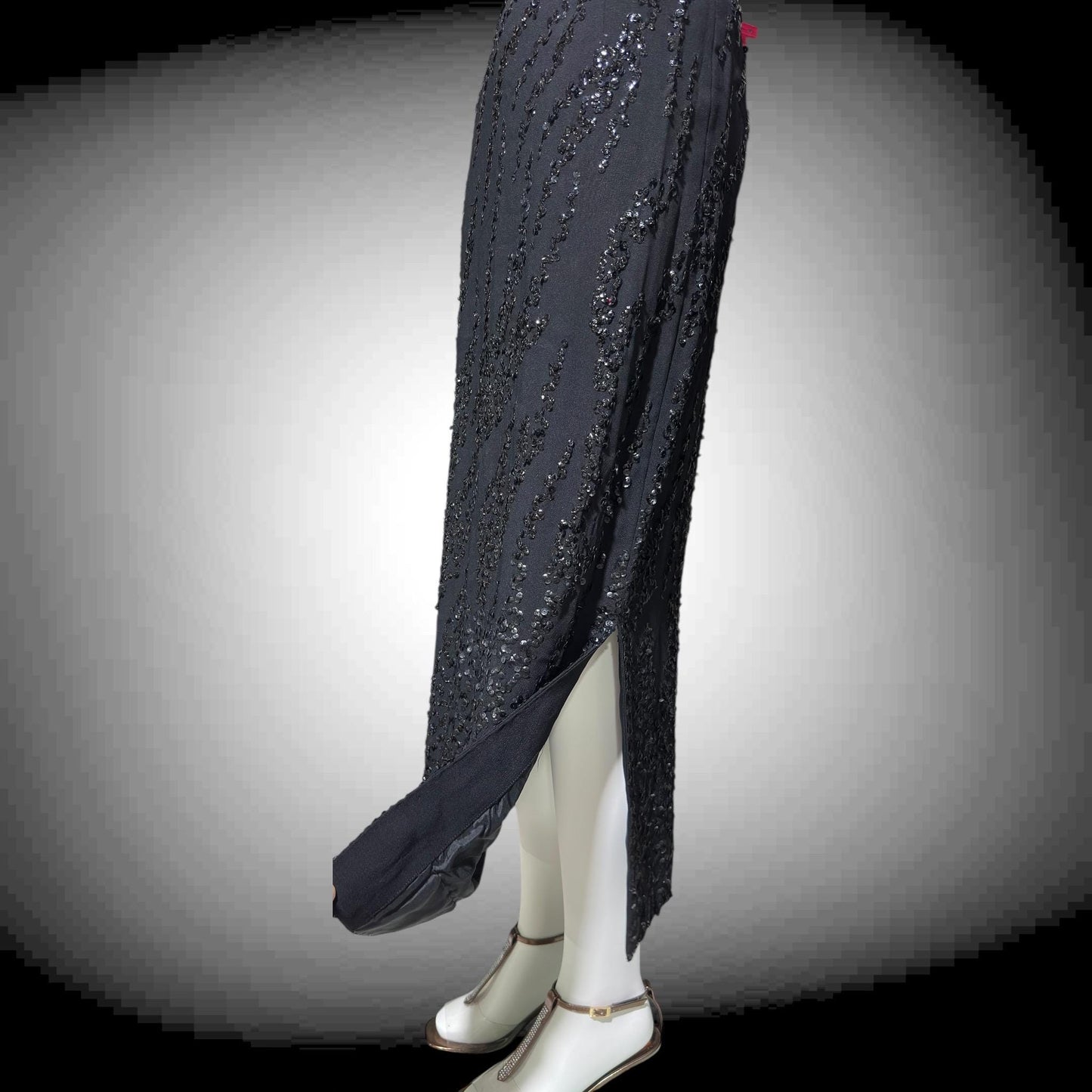FRANK STARR Vintage 1960s evening gown dress, Lord & Taylor, black sequin sheath evening gown