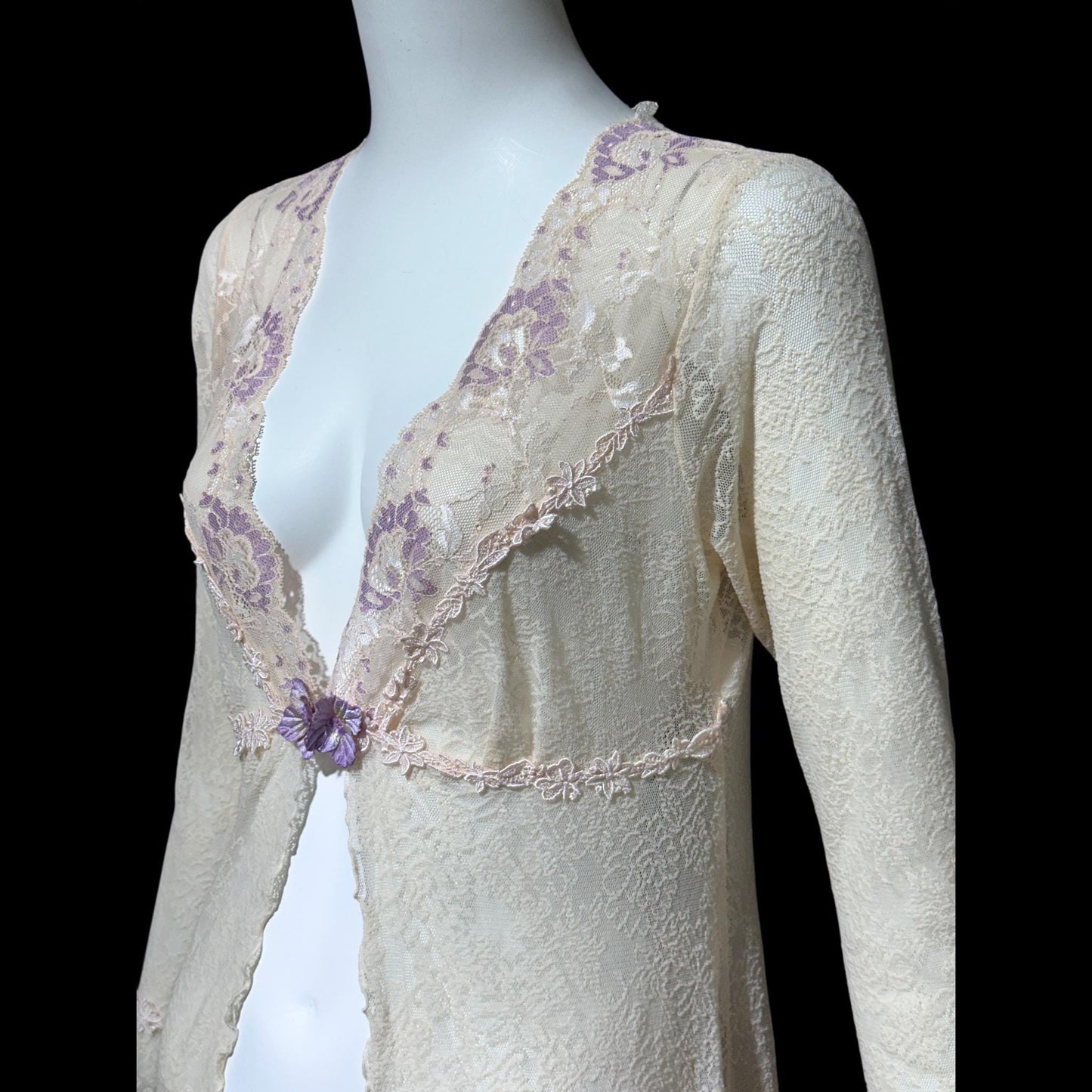 CLAIRE PETTIBONE, wedding coat robe, sheer nylon lace high low dressing gown
