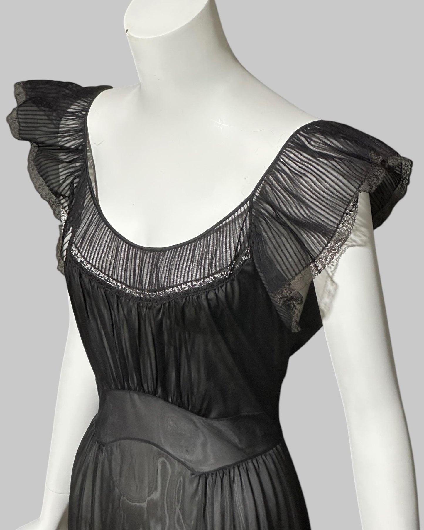 KAYSER vintage 1950s nightgown slip dress, ethereal sheer black chiffon and lace micro pleat gown
