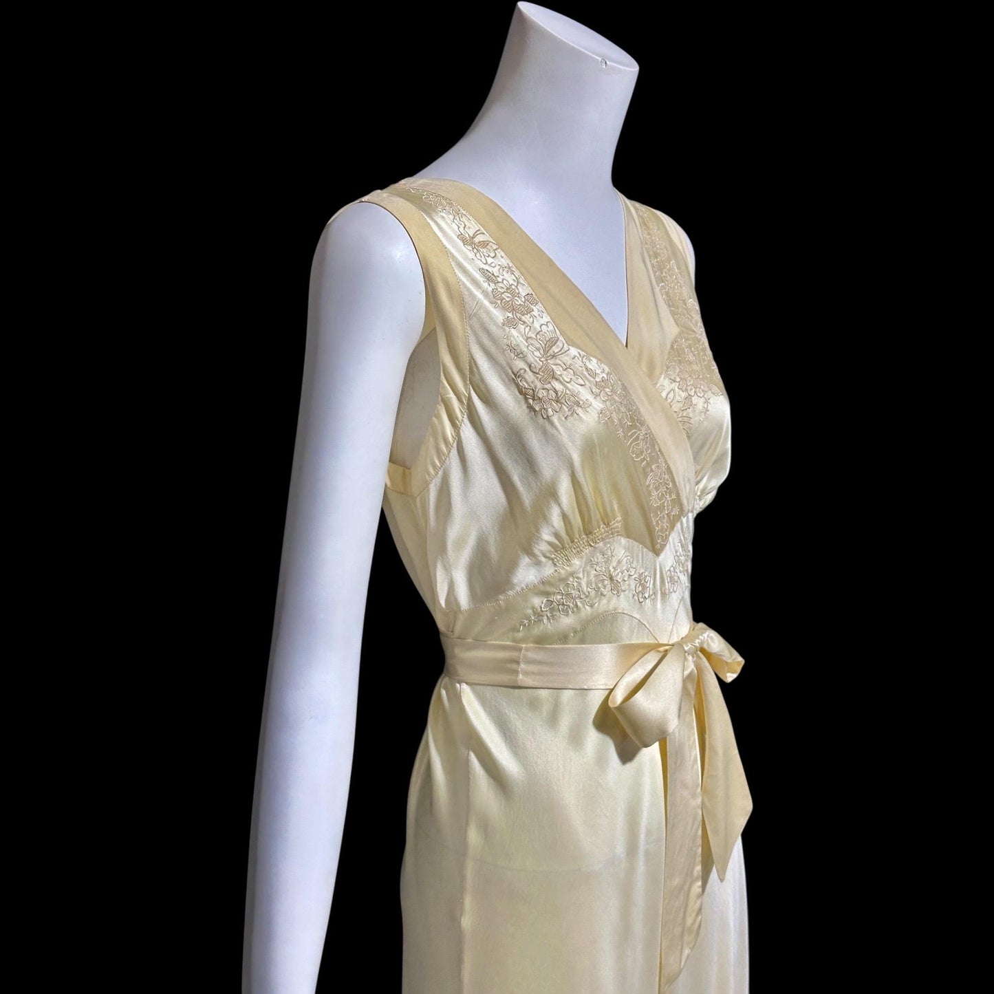 1940s vintage Silk Nightgown slip dress, Butter yellow bias cut embroidered lace slip dress