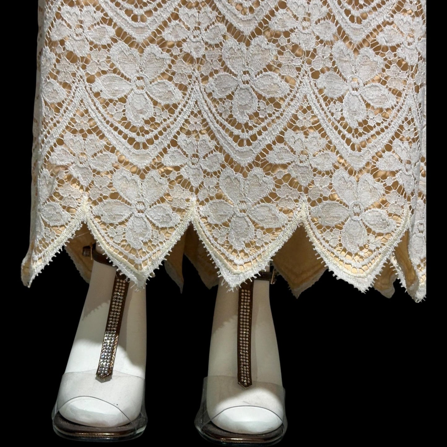 VICTOR COSTA, vintage 1970s evening dress, white and peach lace high neck column dress