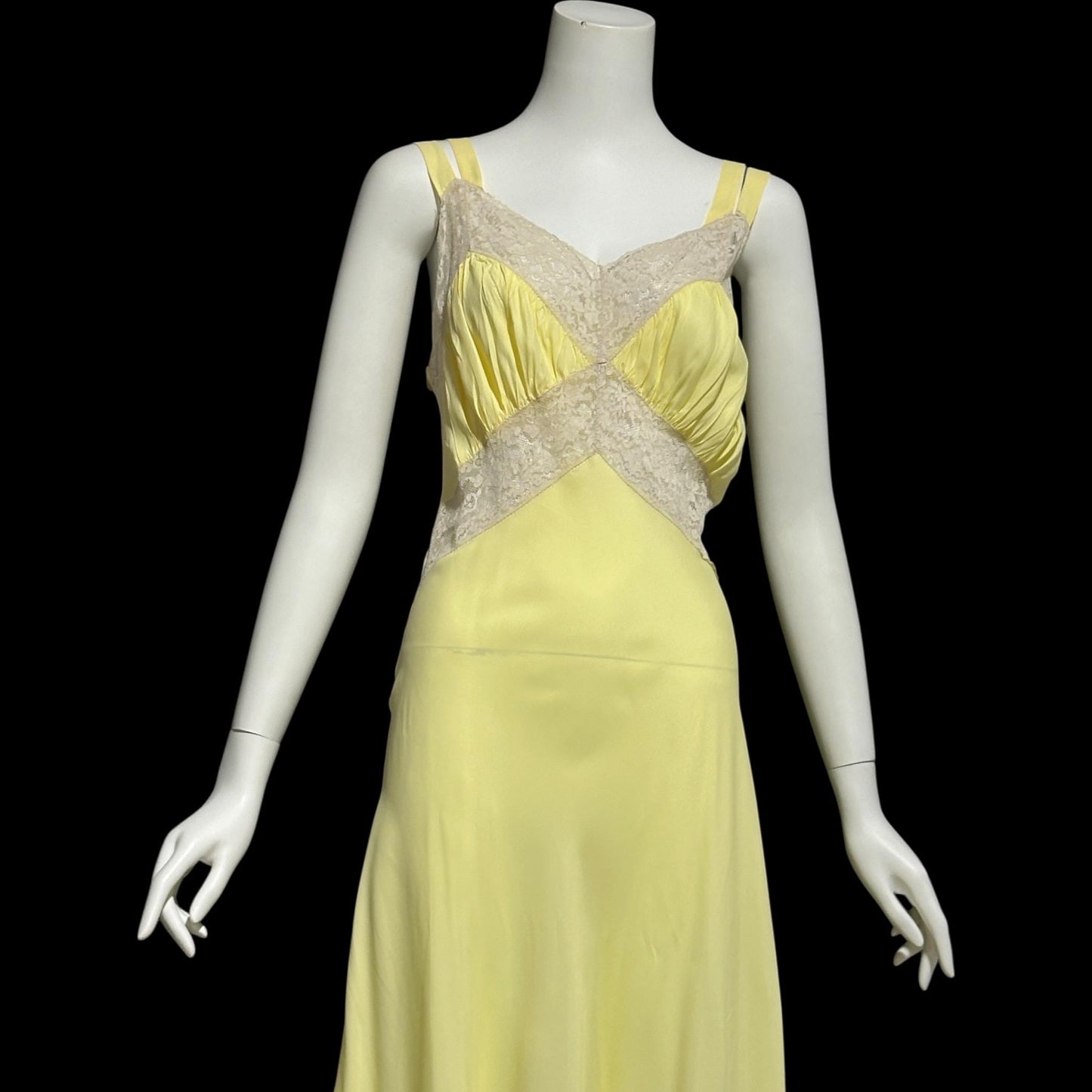 1930s vintage Nightgown slip dress, Sunshine Yellow bias cut lacy night dress, full length