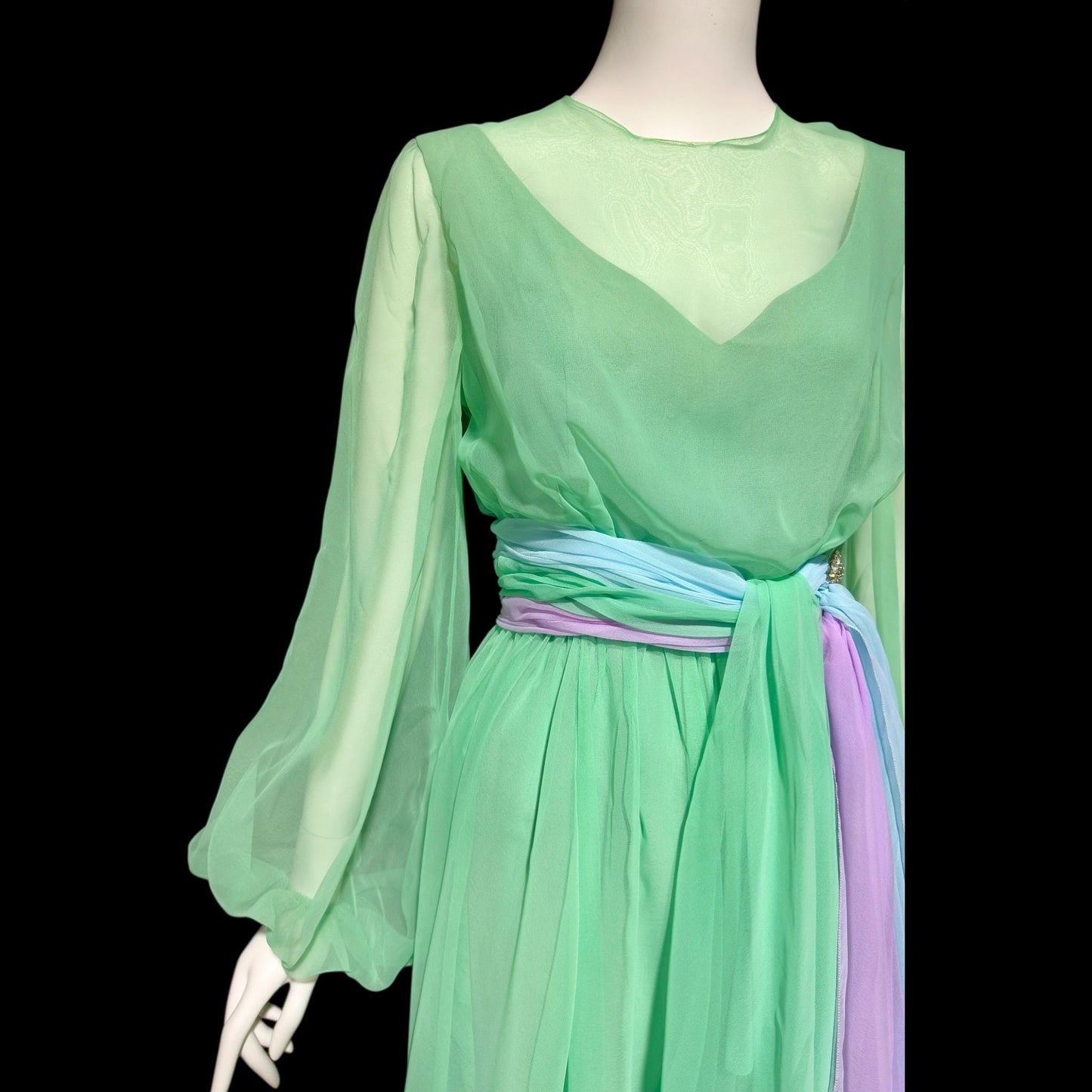 HELEN ROSE, vintage 1970s evening dress, ethereal pastel chiffon green, blue, lavender, sheer chiffon blouson bishop sleeves dress