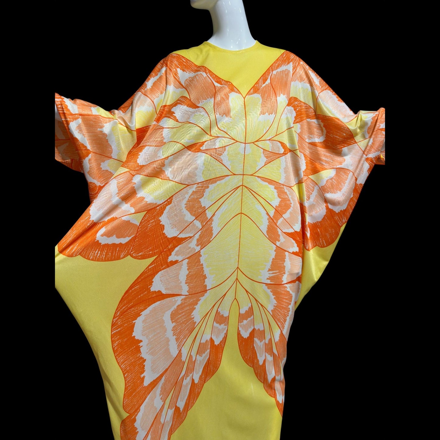 1970s Vintage butterfly caftan dress, Yellow and orange nylon butterfly motif loose house party dress