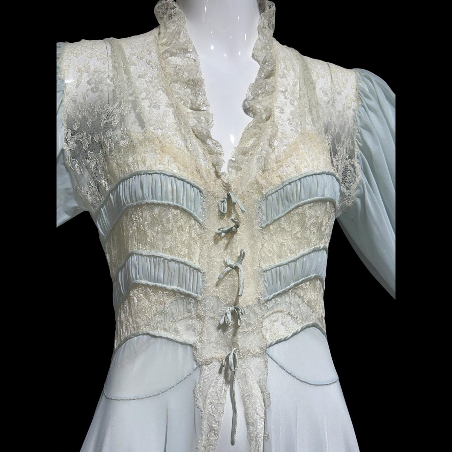 1930s Vintage nightgown robe set, sheer and ethereal blue nylon and white lace slip dress and peignoir set