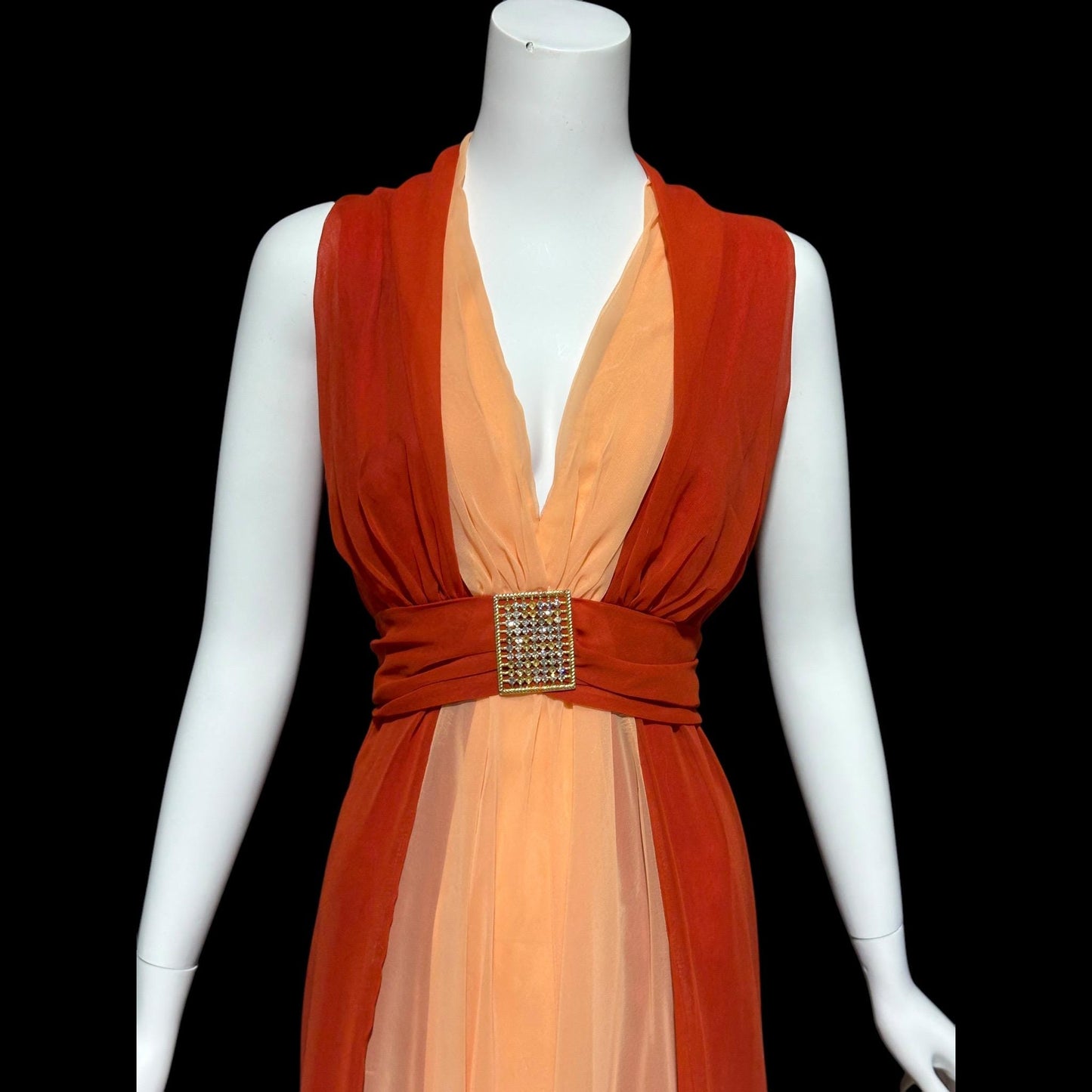 EMMA DOMB, vintage 1970s evening dress, rust and peach chiffon gown