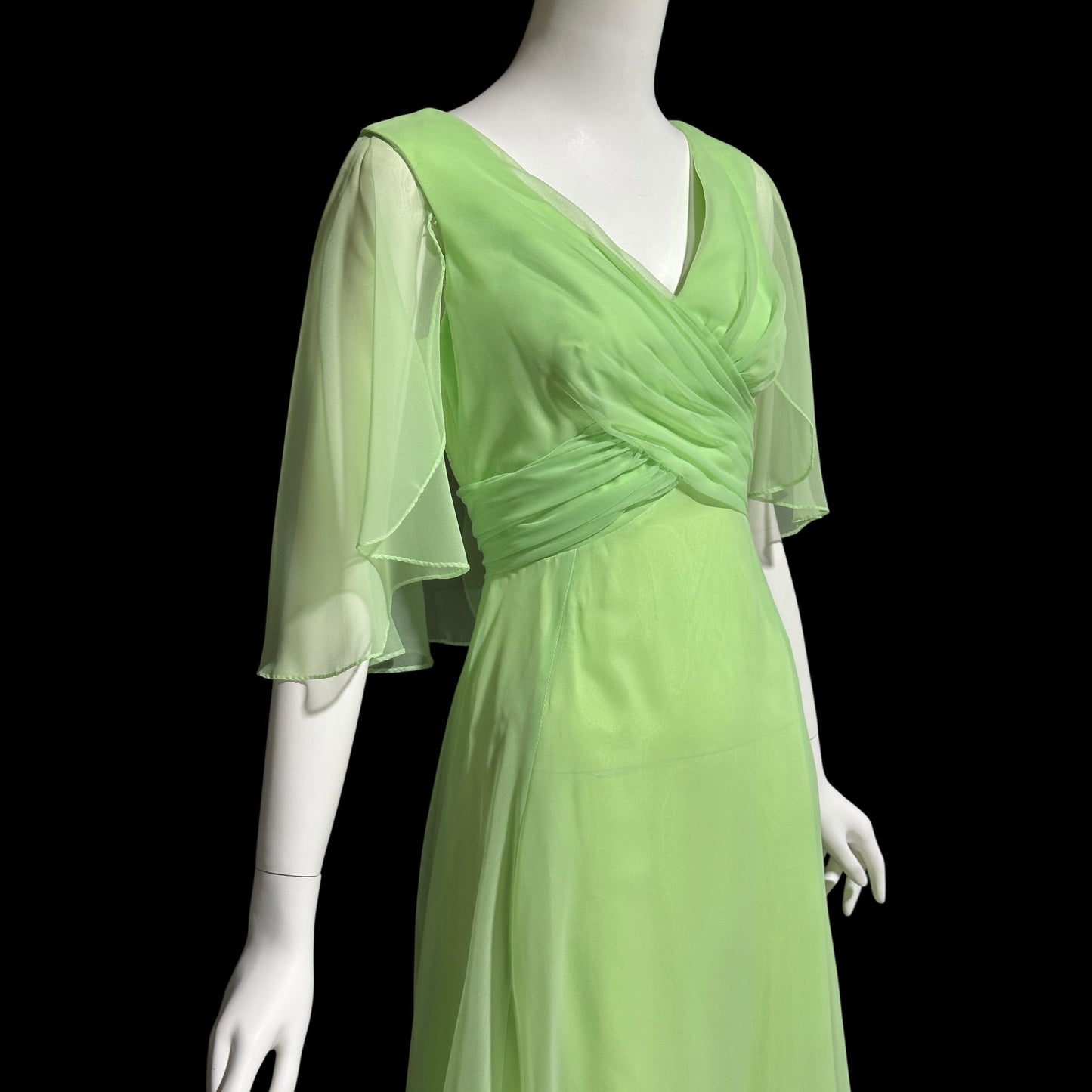 MISS ELLIETTE, vintage 1970s evening dress gown, minty pistachio green poly chiffon dress