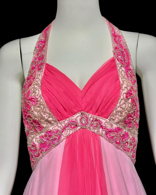 MIKE BENET evening prom dress, 1960s vintage pink chiffon beaded halter evening ball gown