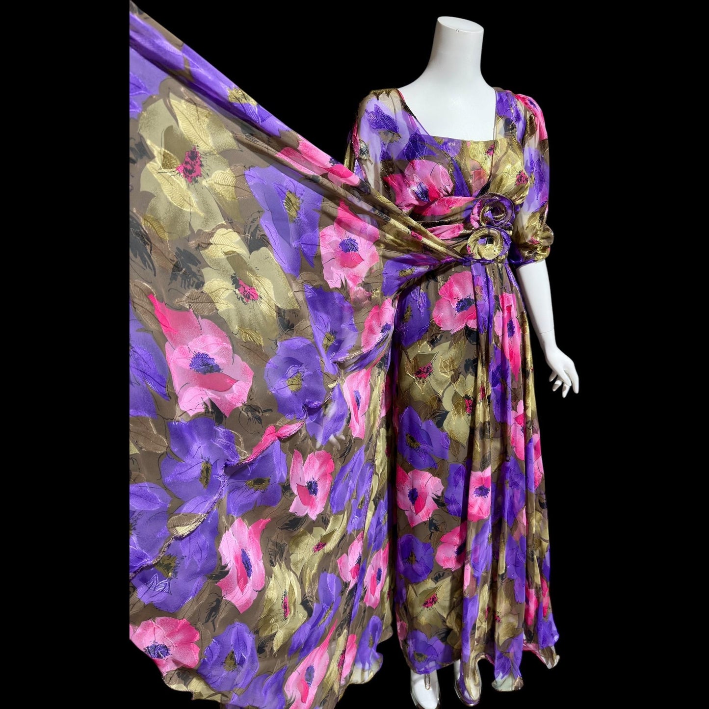 FRANK USHER LONDON, vintage 1980s evening dress, jewel tone floral chiffon with gold metallic