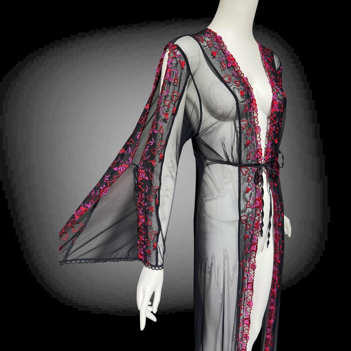 JACALYN BENNETT, Vintage 1990s lace mesh robe, FREDERICK'S of Hollywood, sheer black mesh dressing gown