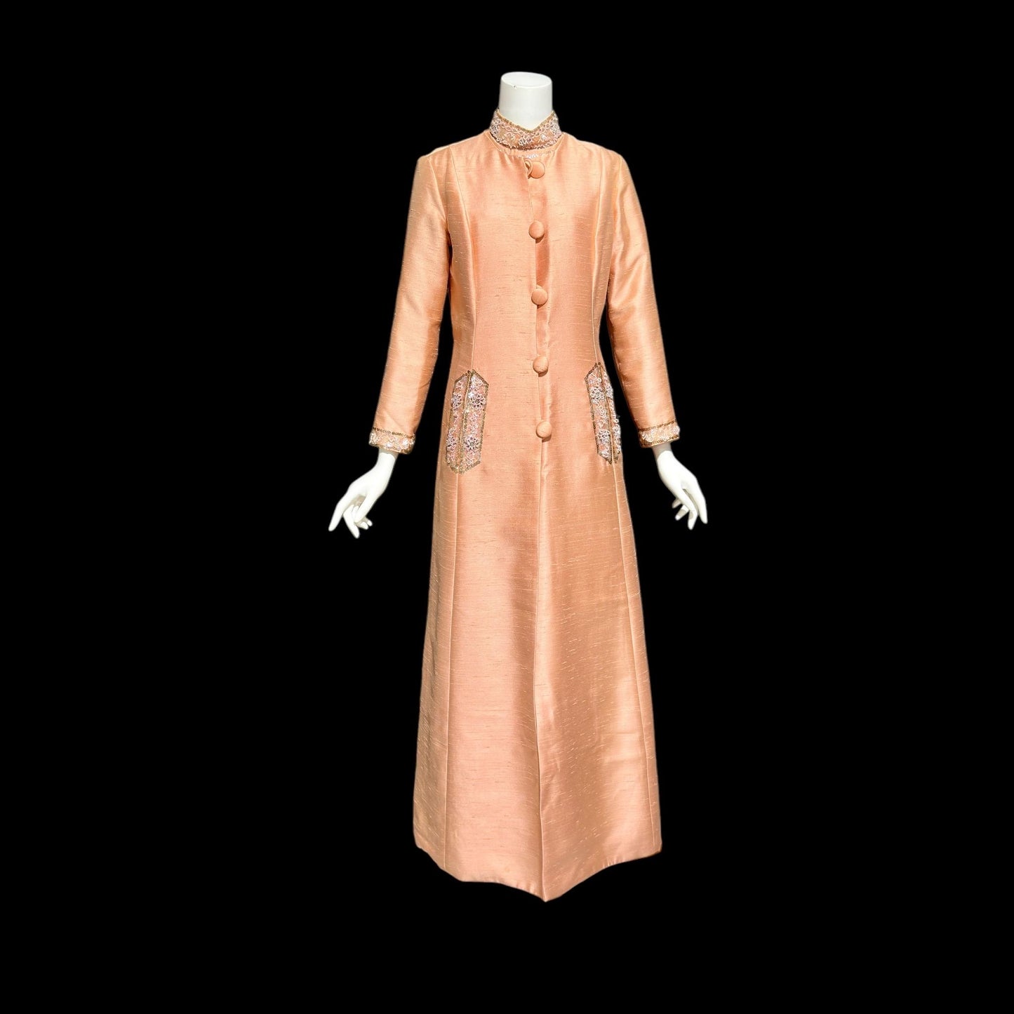 SMART MISS Vintage 1960s evening gown and opera coat ensemble, Peach raw silk high neck beaded mod column dress and duster