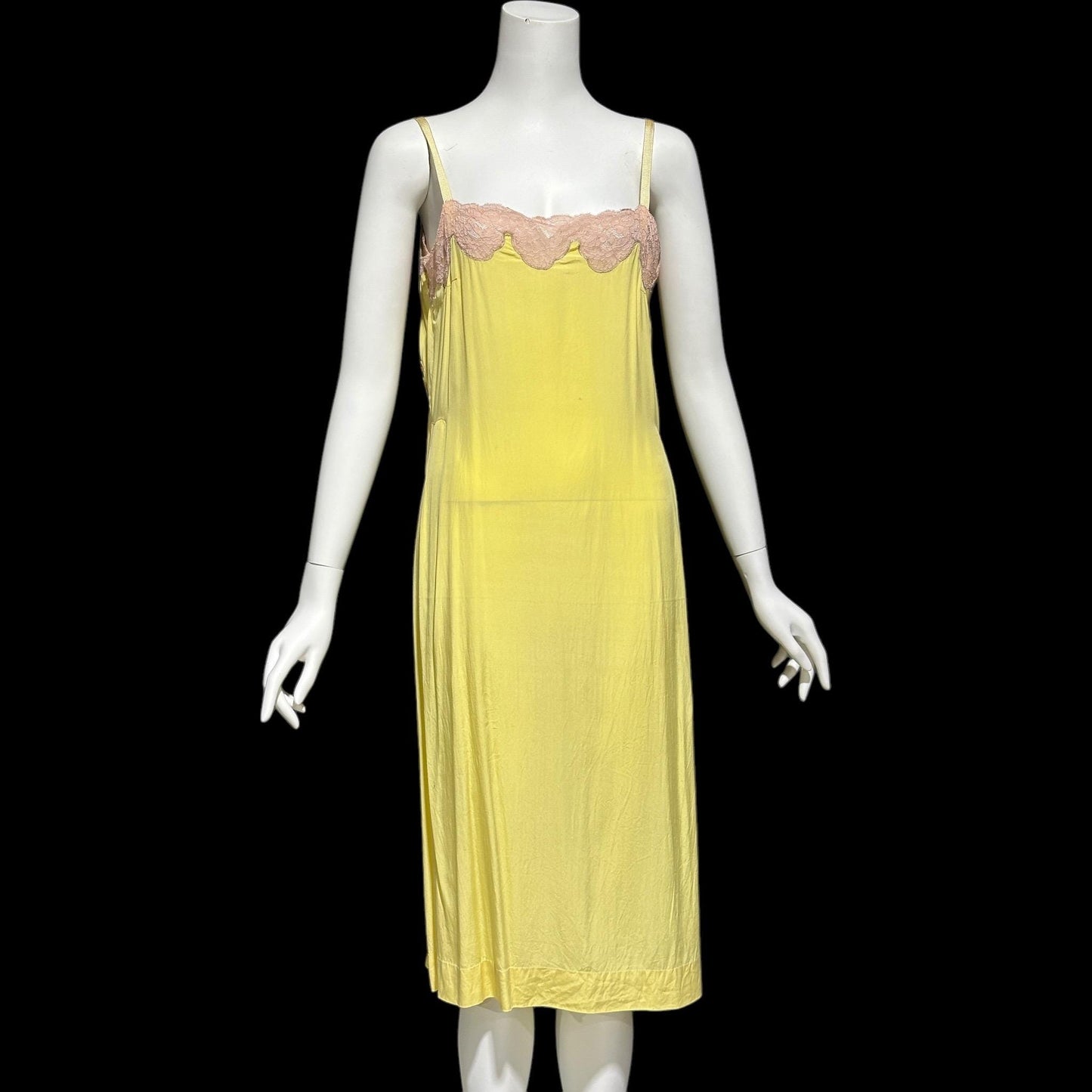 1920s vintage nightgown slip dress, canary yellow silk and pink lace shift dress