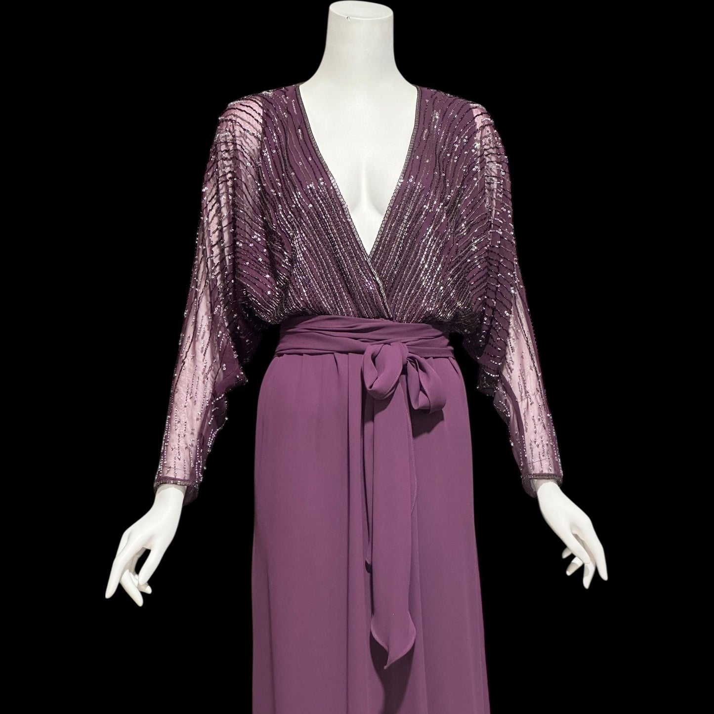 JACK BRYAN vintage evening dress gown, 1970s Aubergine Eggplant Purple chiffon beaded dolman sleeves, Deep V