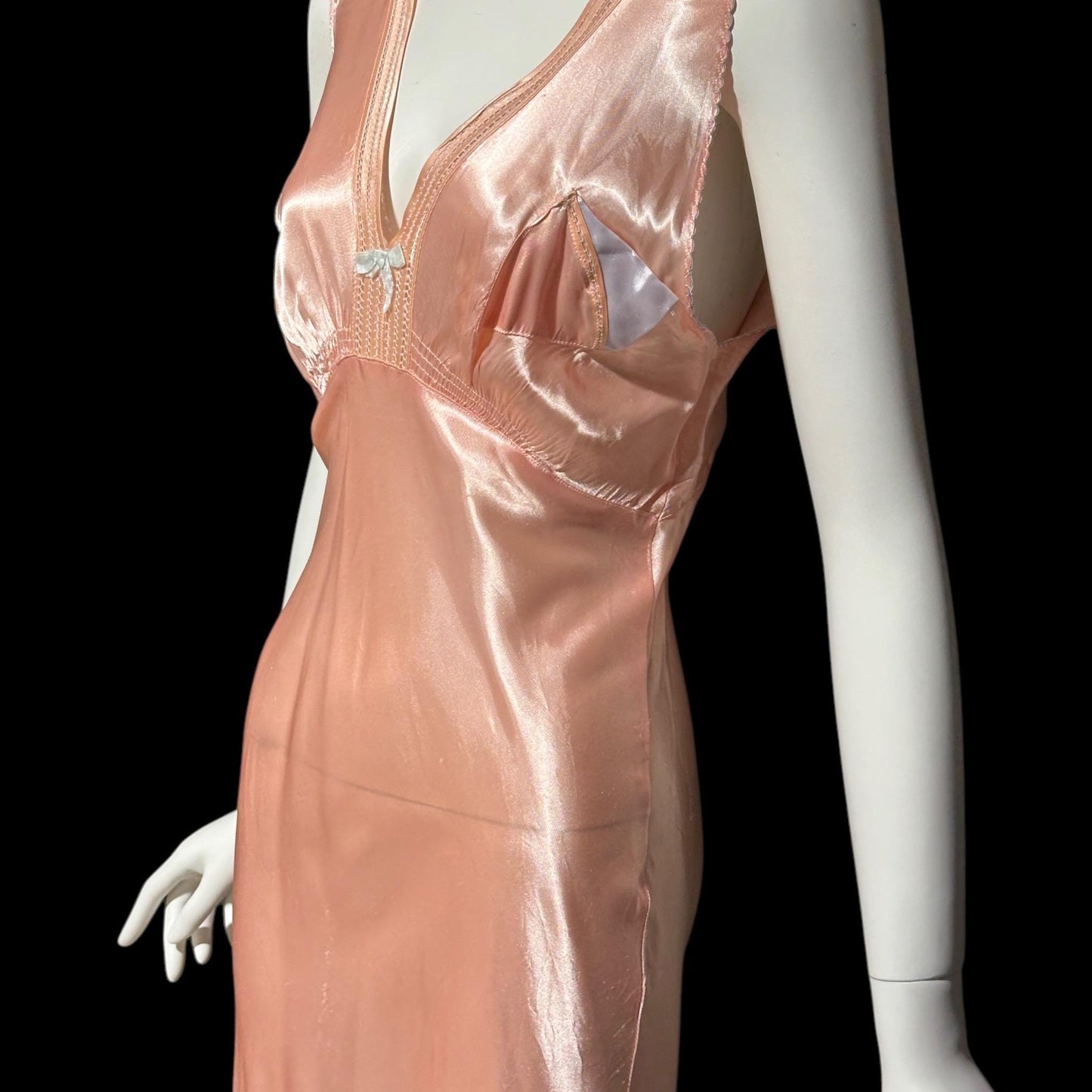 1940s vintage nightgown slip dress, Shiny dusty rose peachy pink bias cut slip dress, full length