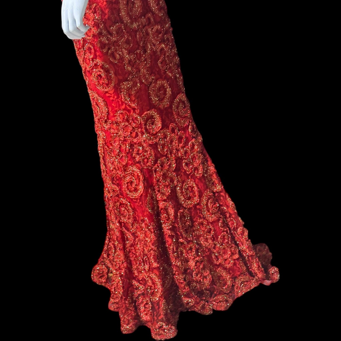 ALYCE DESIGNS, vintage 1980s evening dress, cherry red strapless sheath mermaid gown, bodycon and eyelash lace