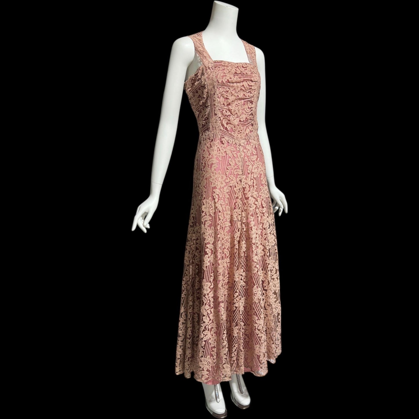 1930s vintage evening dress, Dusty pink lace sheath gown, fully lined