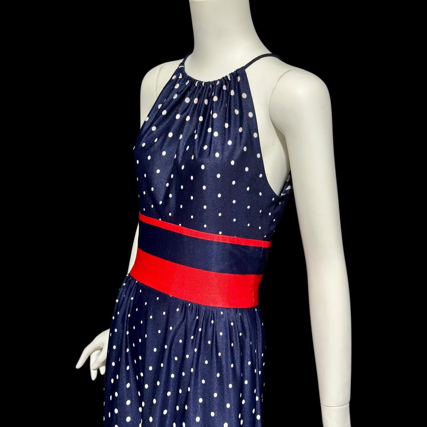 1970s vintage maxi dress, Navy blue and white polka dots, red stripes, halter casual summer party long 4th of July sundress
