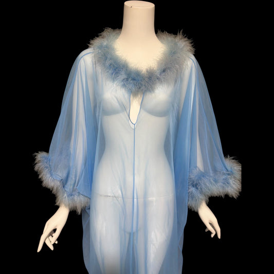 JENELLE of California, vintage 1960s nightgown caftan, Sheer blue nylon with marabou feathers, loose house dress lounging gown