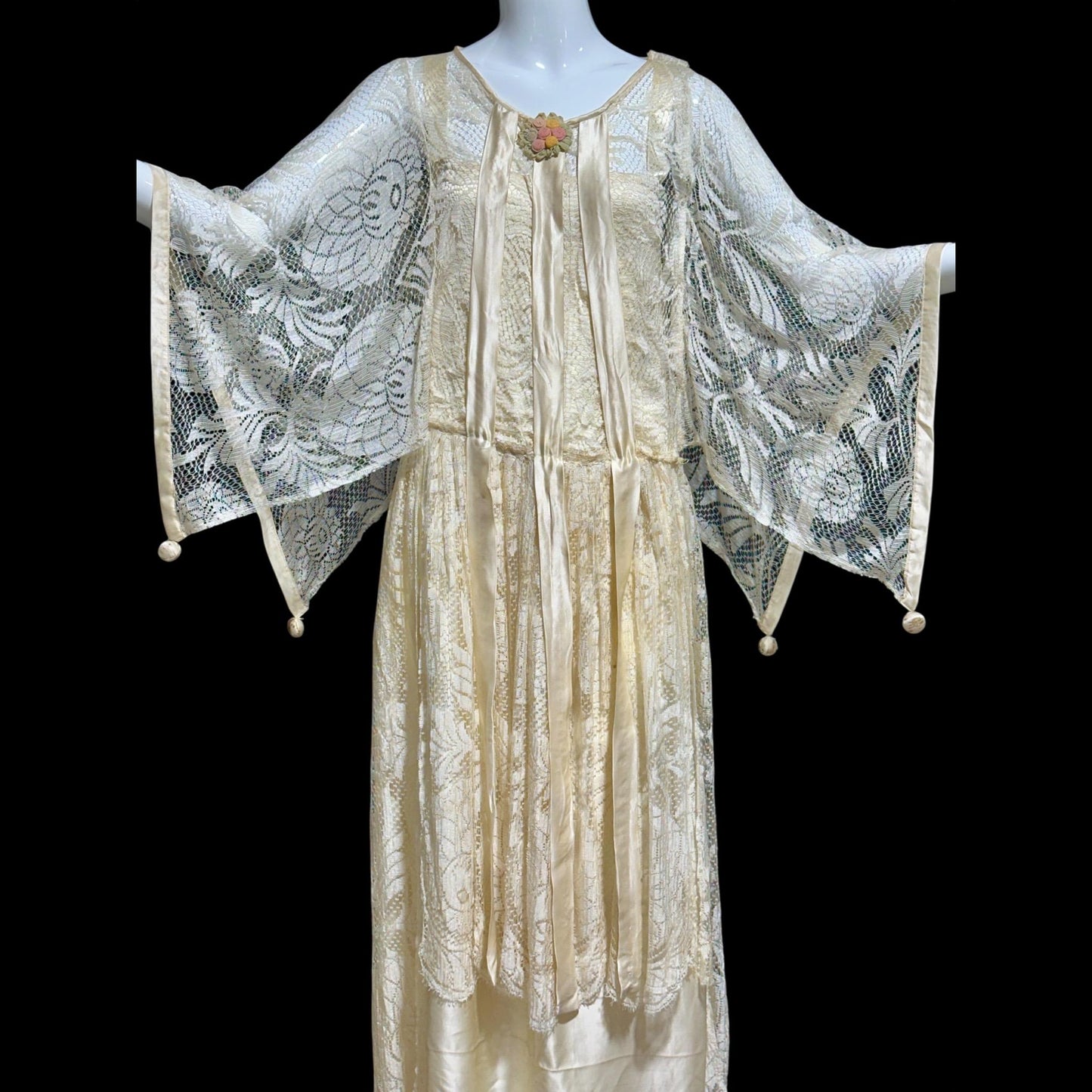 1920s Antique vintage wedding dress, Handmade candlelight white silk and lace slip dress with scarf sleeves, bridal flapper dress
