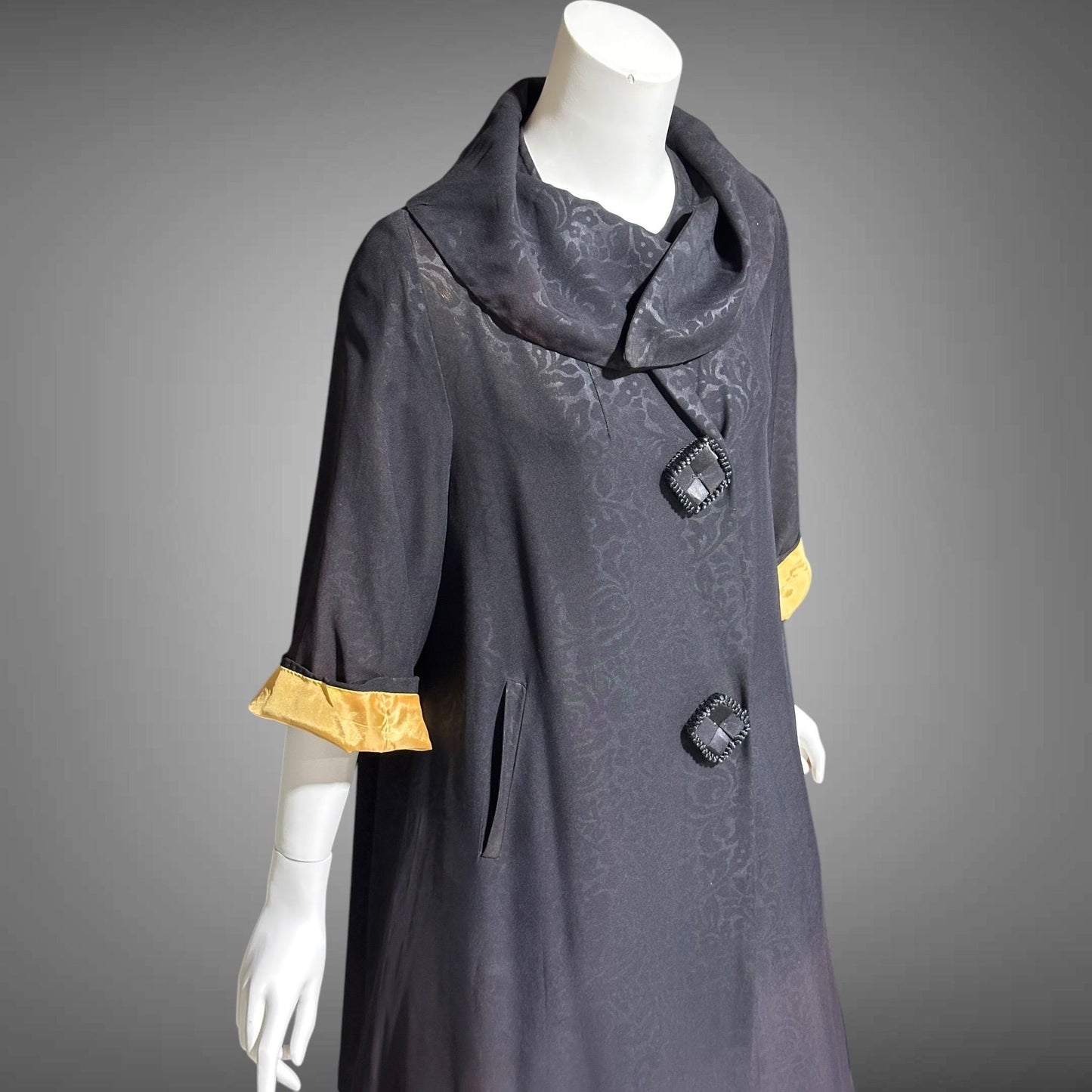 1930s vintage evening swing coat, black swing opera coat duster with satin lining