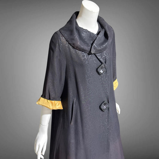 1940s vintage evening swing coat, black swing opera coat duster with satin lining