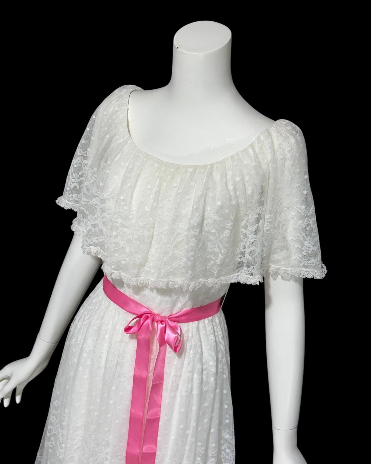 RICHILENE New York, vintage 1970s evening dress, white lace ruffle collar wedding gown