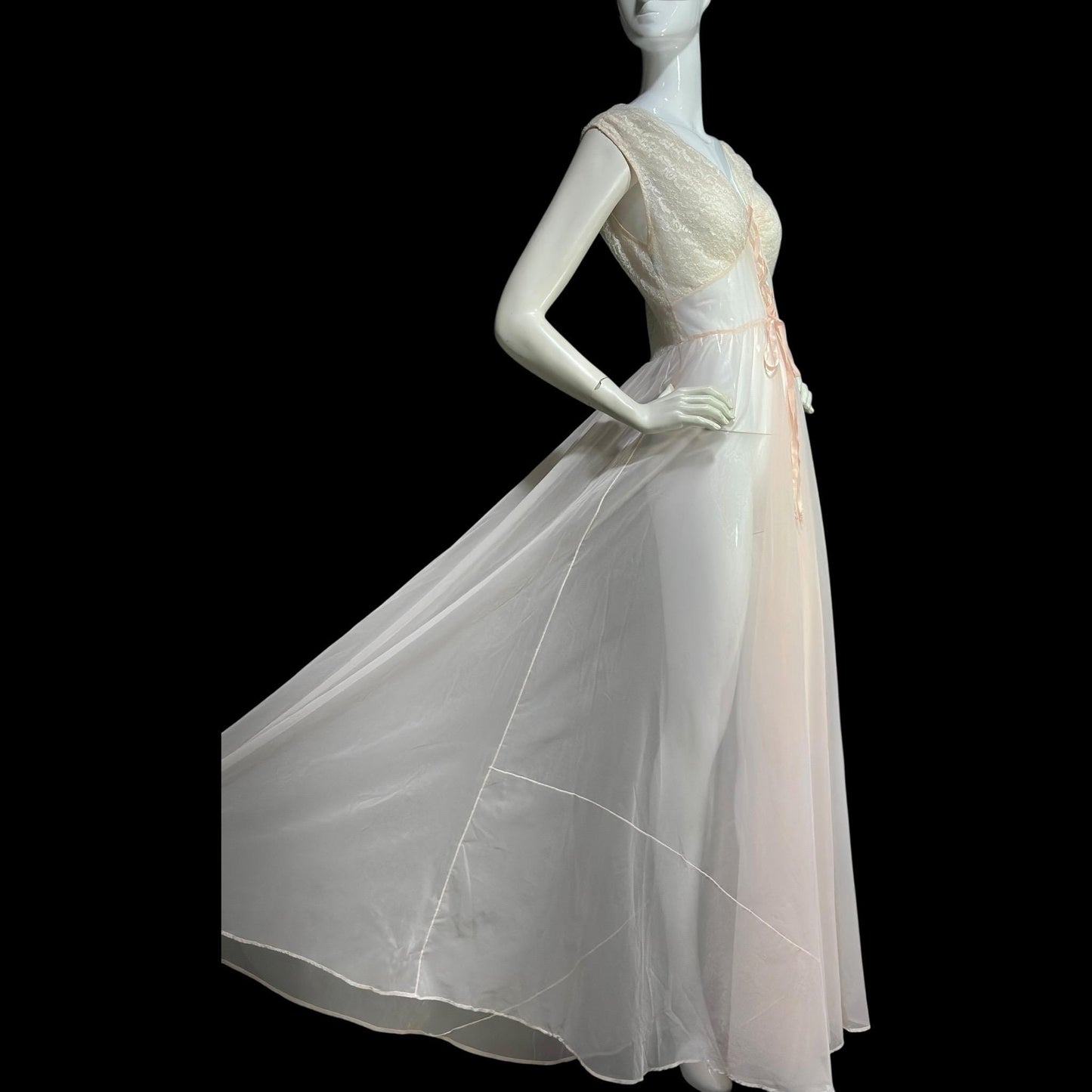 ODETTE BARSA vintage 1940s nightgown slip dress, Sheer pale pink with white lace full sweep Old Hollywood gown