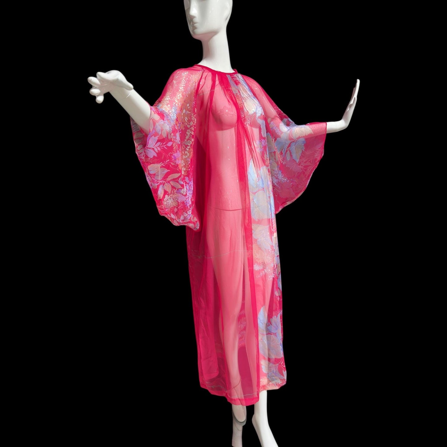 1970s Vintage sheer caftan, Sheer nylon raspberry pink with Hawaiian flowers, loose house dress, hostess gown beach coverup
