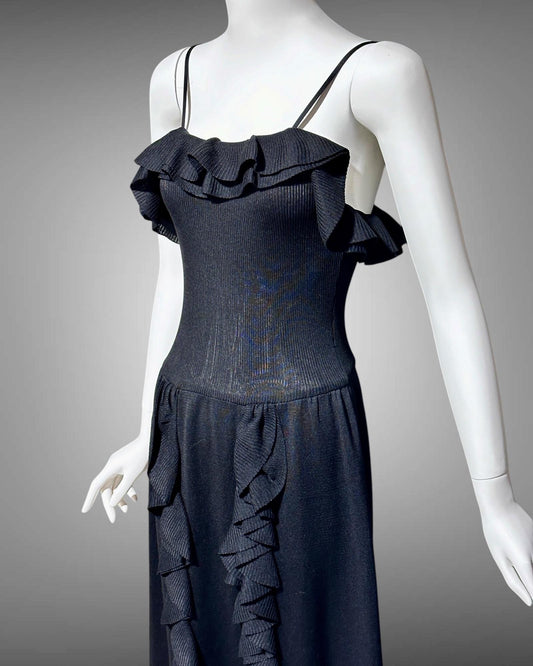 CRISSA 1970s vintage black knit ruffled slip dress, long maxi evening dress