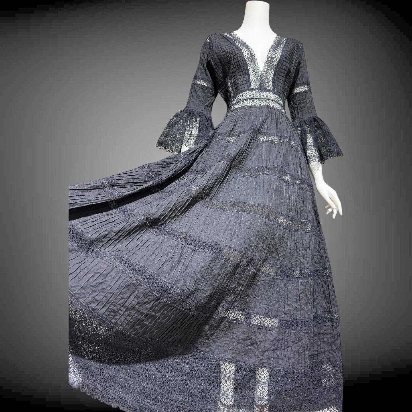 1970s vintage Mexican Wedding dress, Black cotton blend Deep V ball gown, long bell Sleeves, Maxi Hippie Bohemian gown