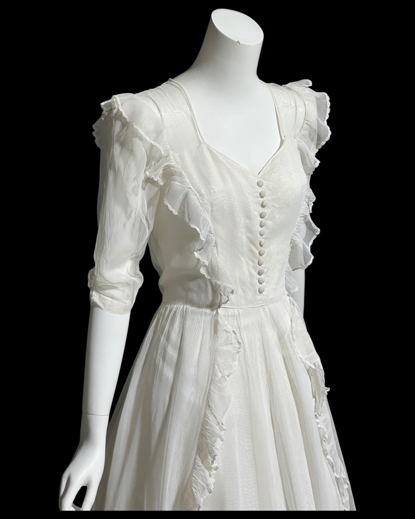 1940s vintage evening dress, White mesh ruffle wedding prom dress with full skirt