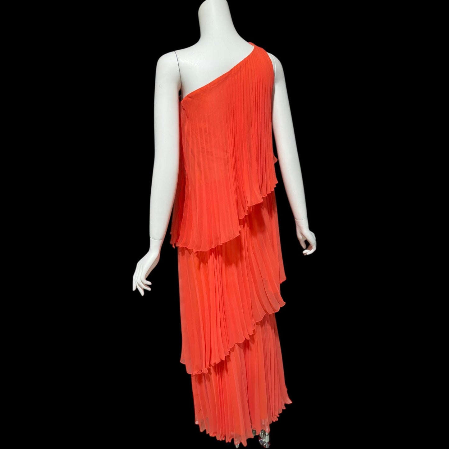 ESTEVEZ Vintage 1970s evening dress gown, Orange One Shoulder Pleated Chiffon full length gown