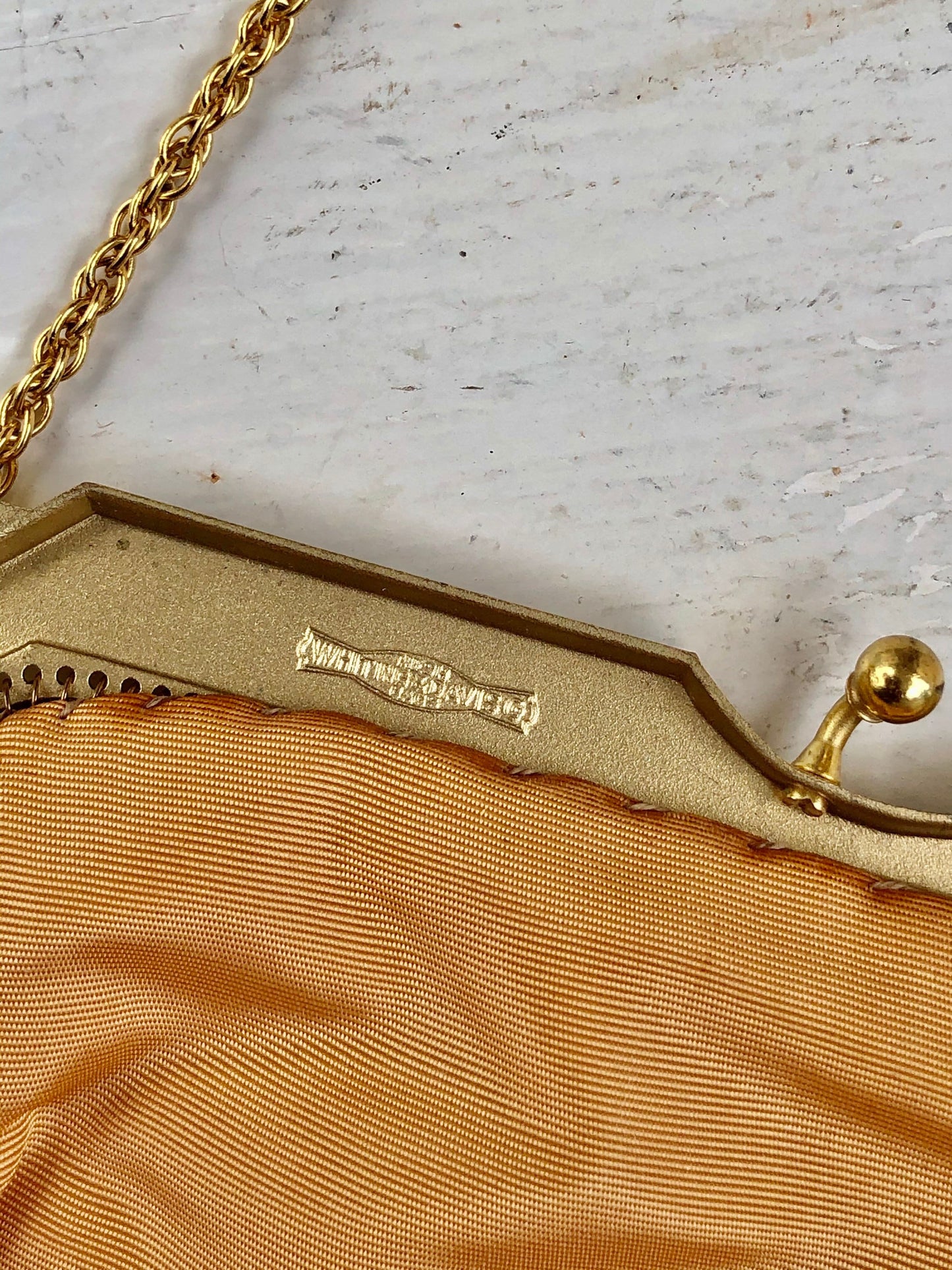 WHITING & DAVIS vintage 1960s mesh bag purse, gold mesh dance evening bag