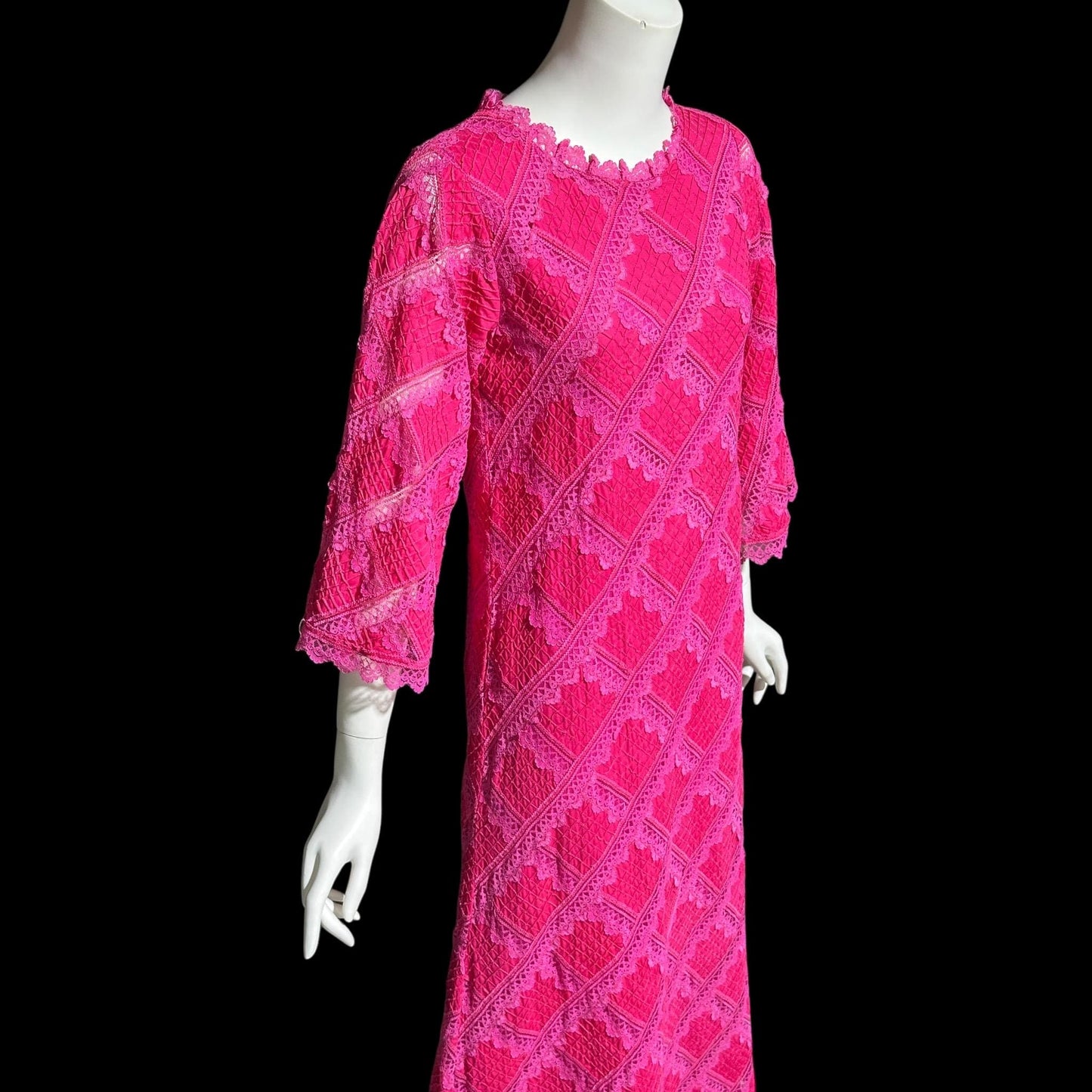 XIHUATL vintage 1960s Mexican cotton day dress, Hot Pink Pintuck Patchwork cotton and lace