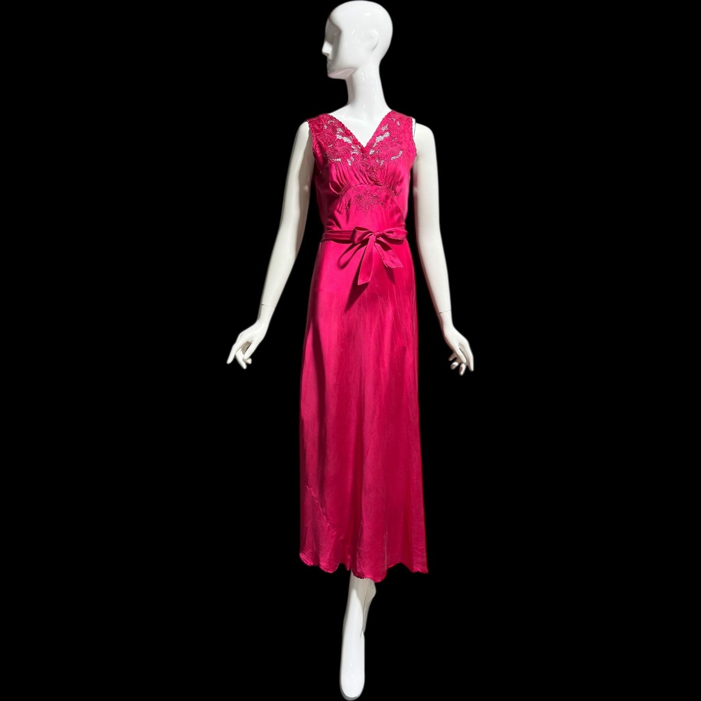 PEONY vintage 1950s Silk Nightgown Slip Dress: Made in SHANGHAI Embroidered Magenta bias cut gown