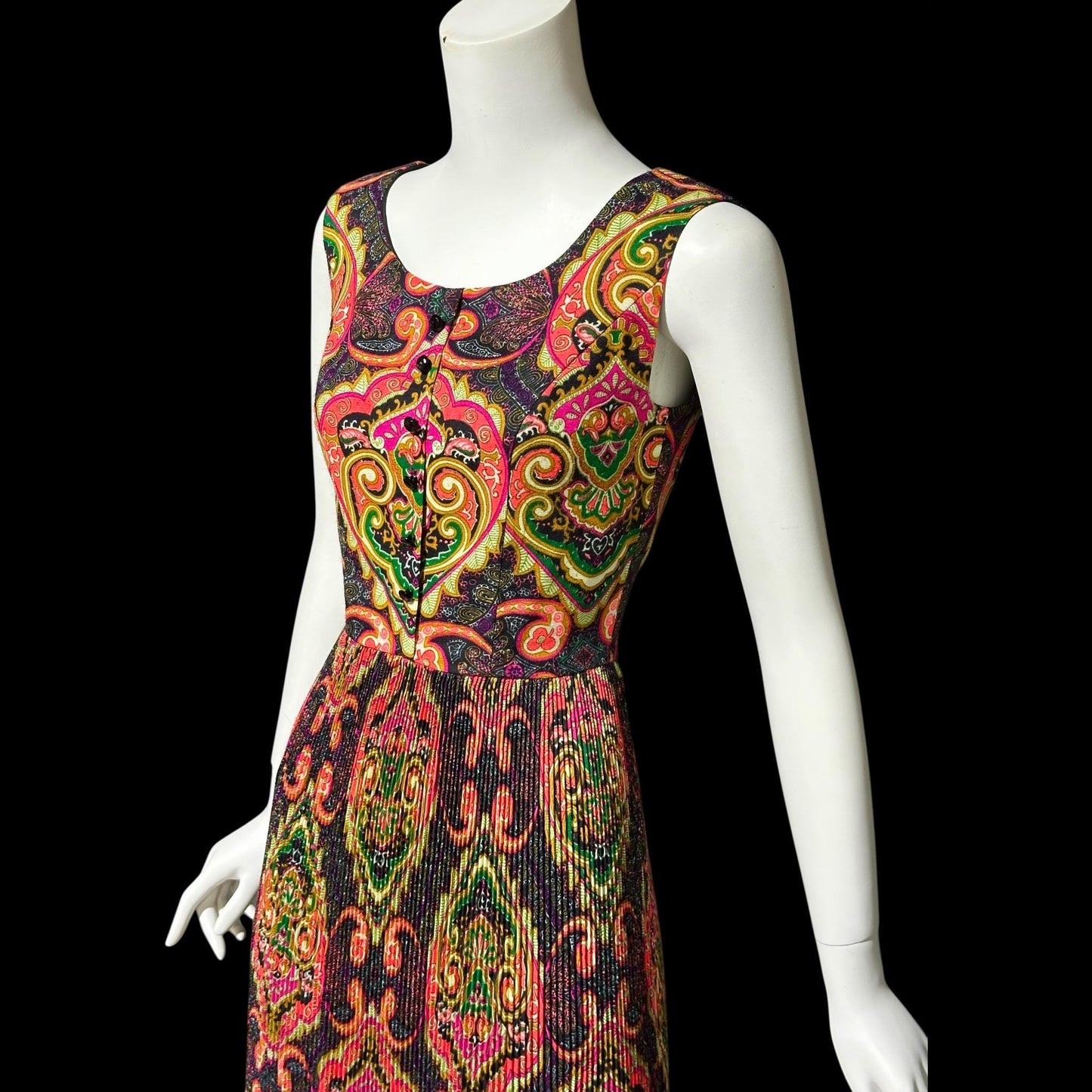 FRED ROTHECHILD, vintage 1970s maxi dress, micro pleated skirt, neon op art paisley, casual day hippie boho dress