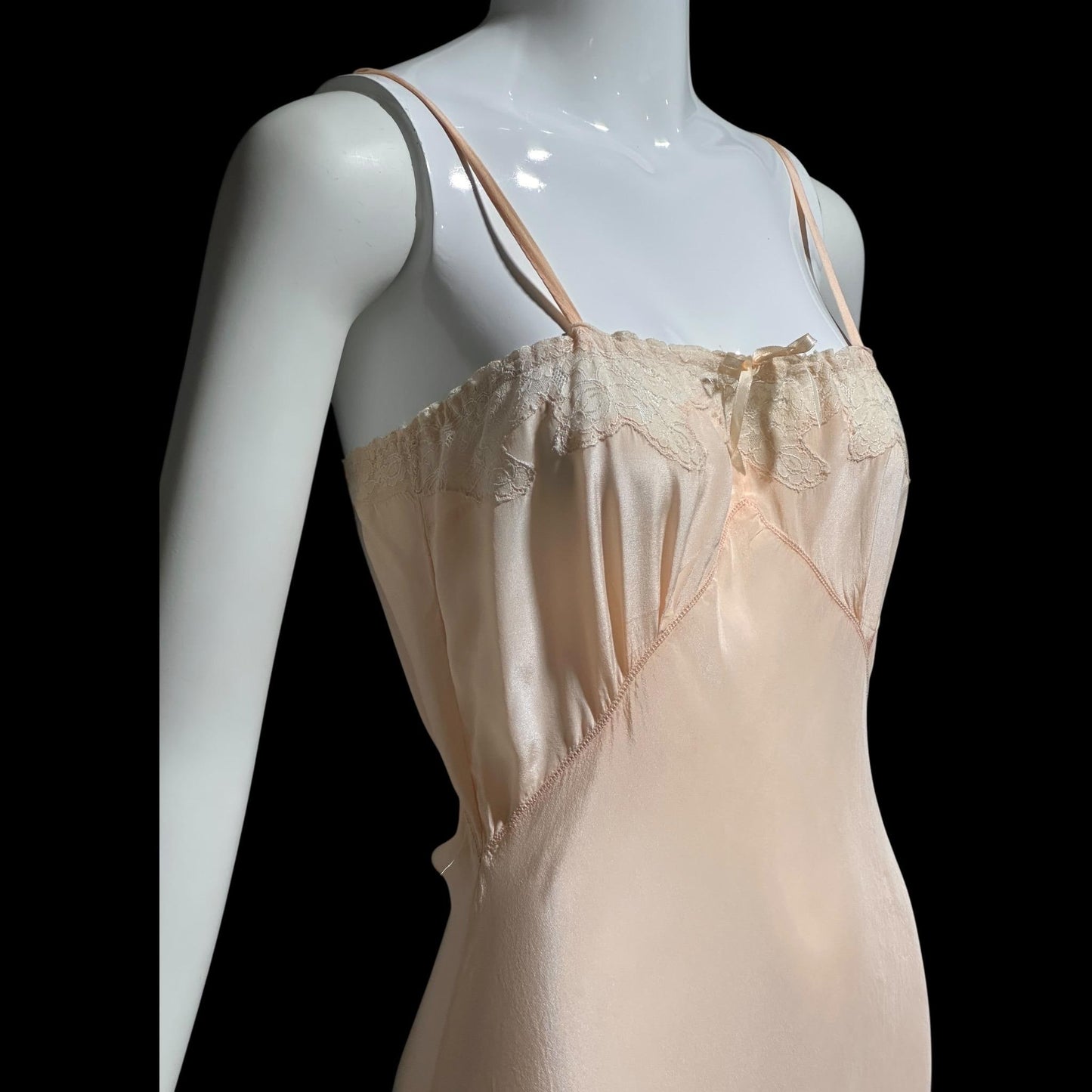 1930s vintage Pale Peachy Pink Rayon Slip Dress: Bias Cut Nightgown, Lace Trim