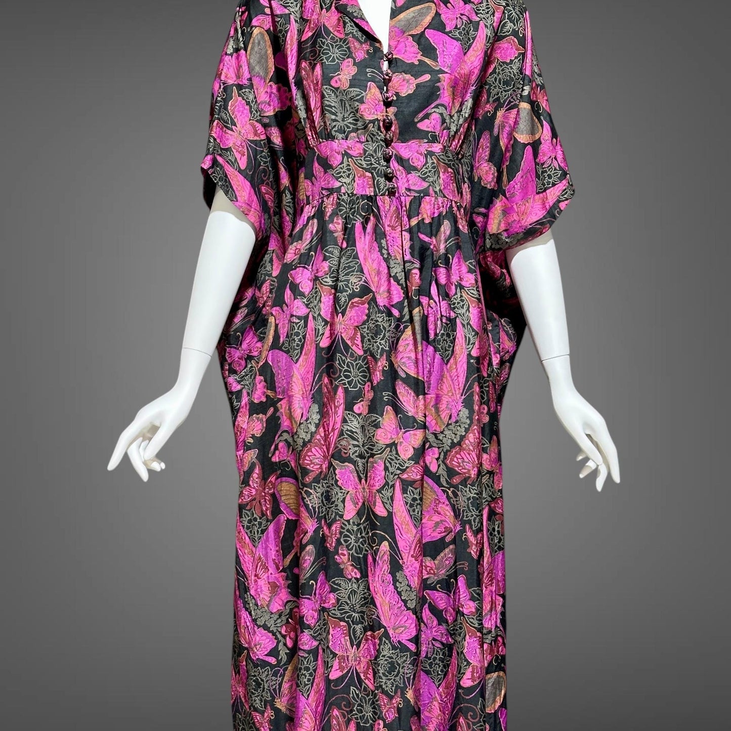 DESIGN THAI BANGKOK, vintage 1960s caftan dress, maxi party dress, hot pink butterfly print silk dress