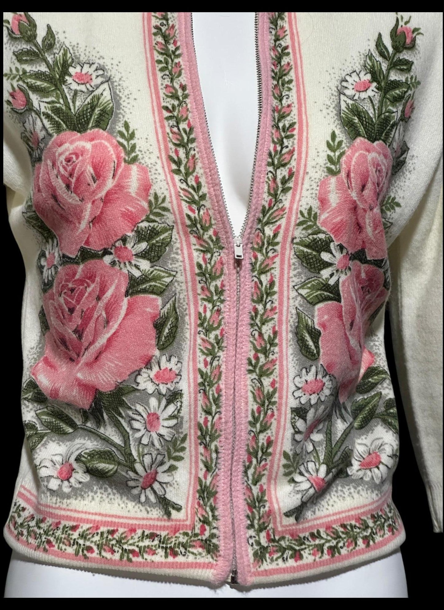 BERNICE CREATIONS, vintage 1950s cardigan, cream and pink rose print acrylic zip front sweater