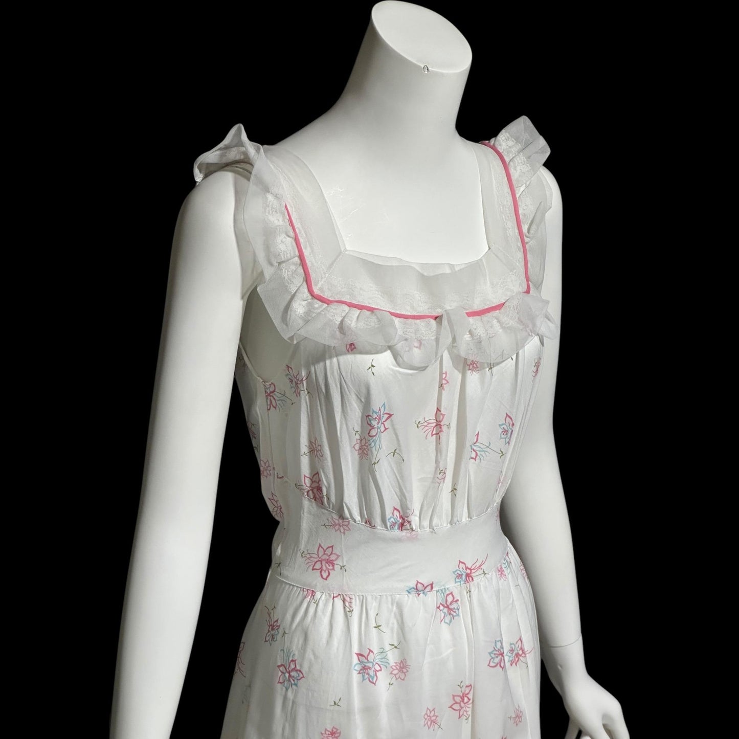 PHIL-MAID, vintage 1940s nightgown, pink blue white floral cone-bell combed cotton house dress, New Old stock