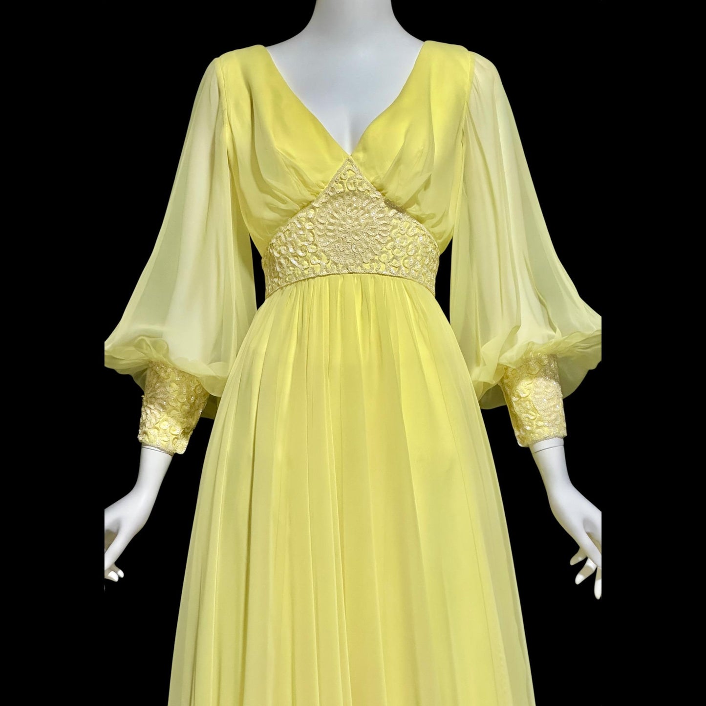 MIKE BENET, vintage 1970s evening dress, Lemon Yellow chiffon sequin formal ball gown