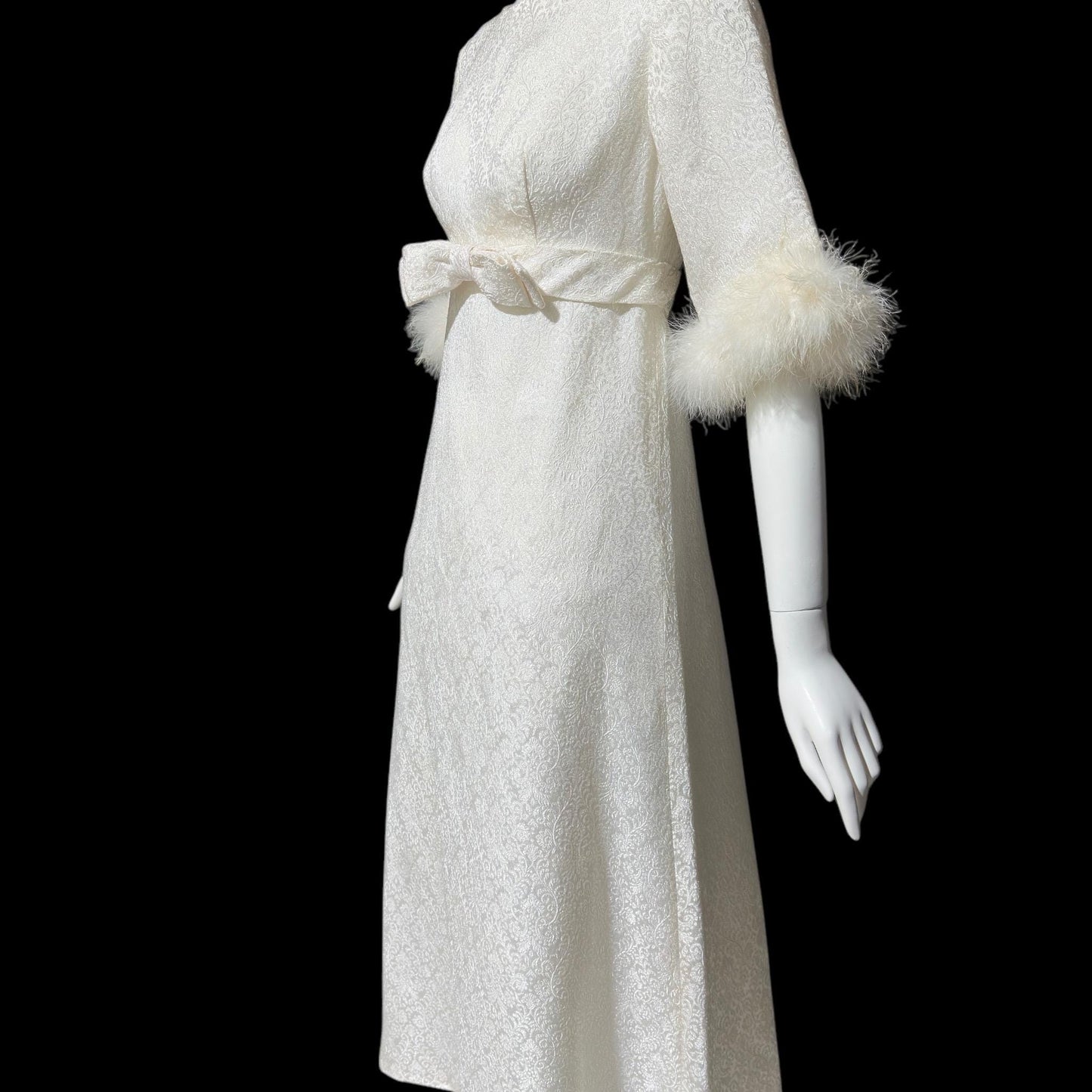 1960s vintage wedding dress gown, shimmering pearly white damask & marabou feathers bridal evening dress