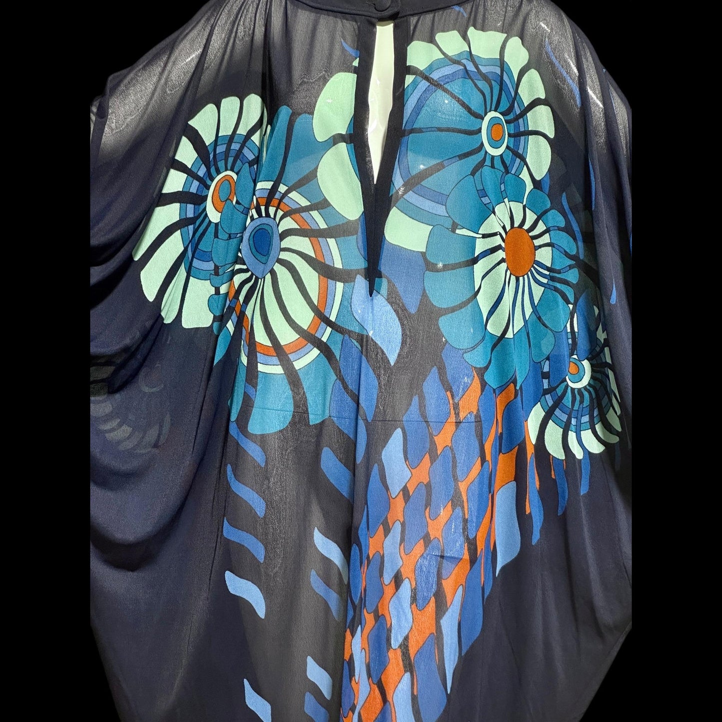 GOTTEX Vintage 1970s sheer kaftan caftan style dress, Sheer nylon navy blue Abstract flowers