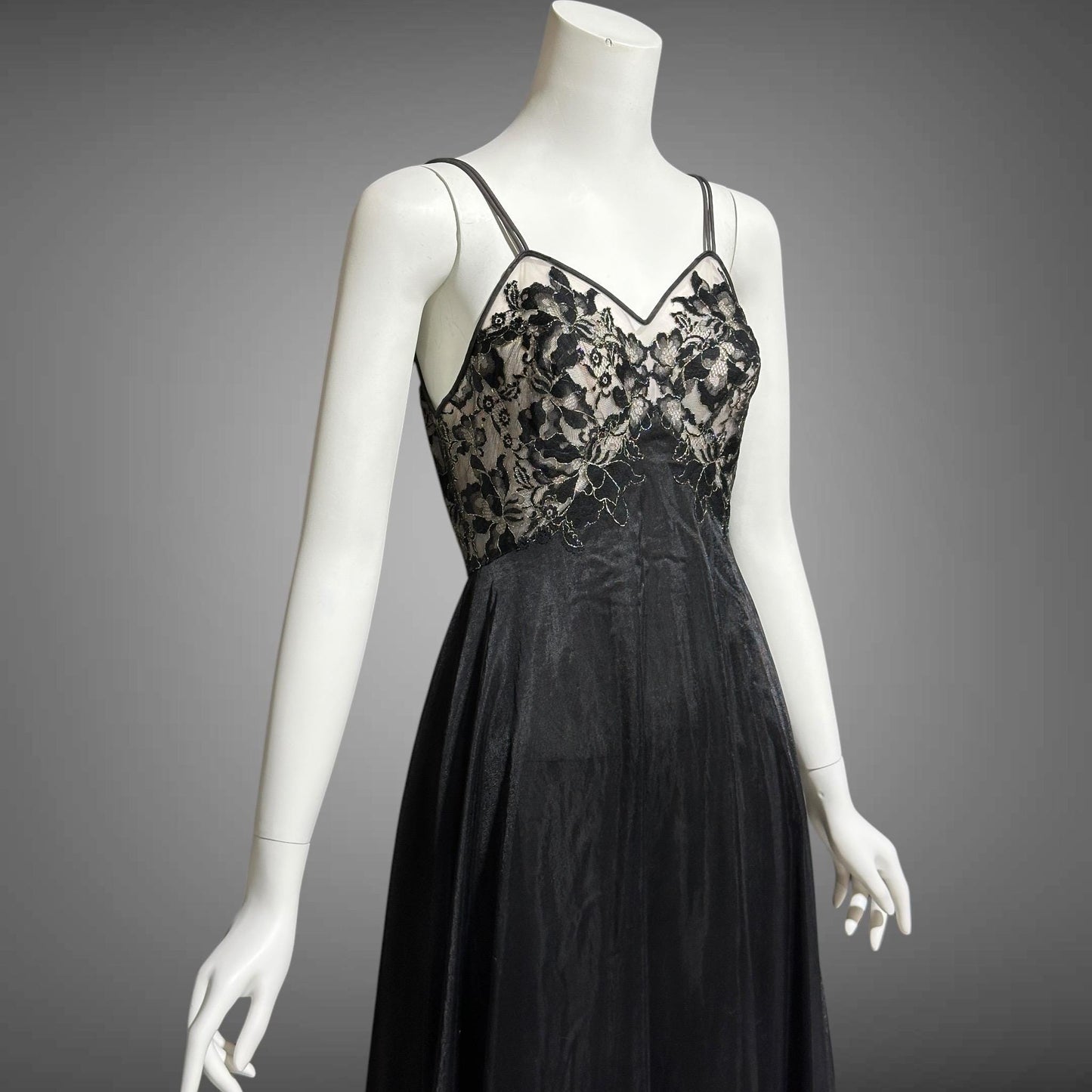 VANITY FAIR, vintage 1950s Nightgown Slip Dress, Dramatic black and silver double layer full sweep gown