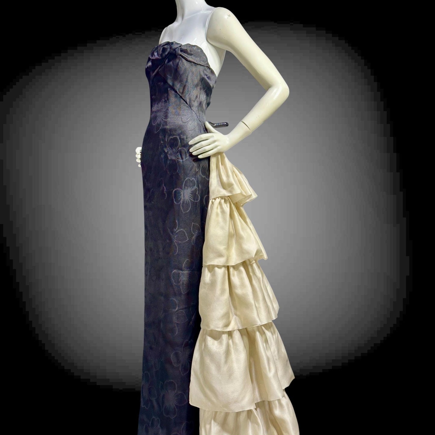 ARNOLD SCAASI vintage 1960s evening gown dress, black and white silk cascading ruffle gown