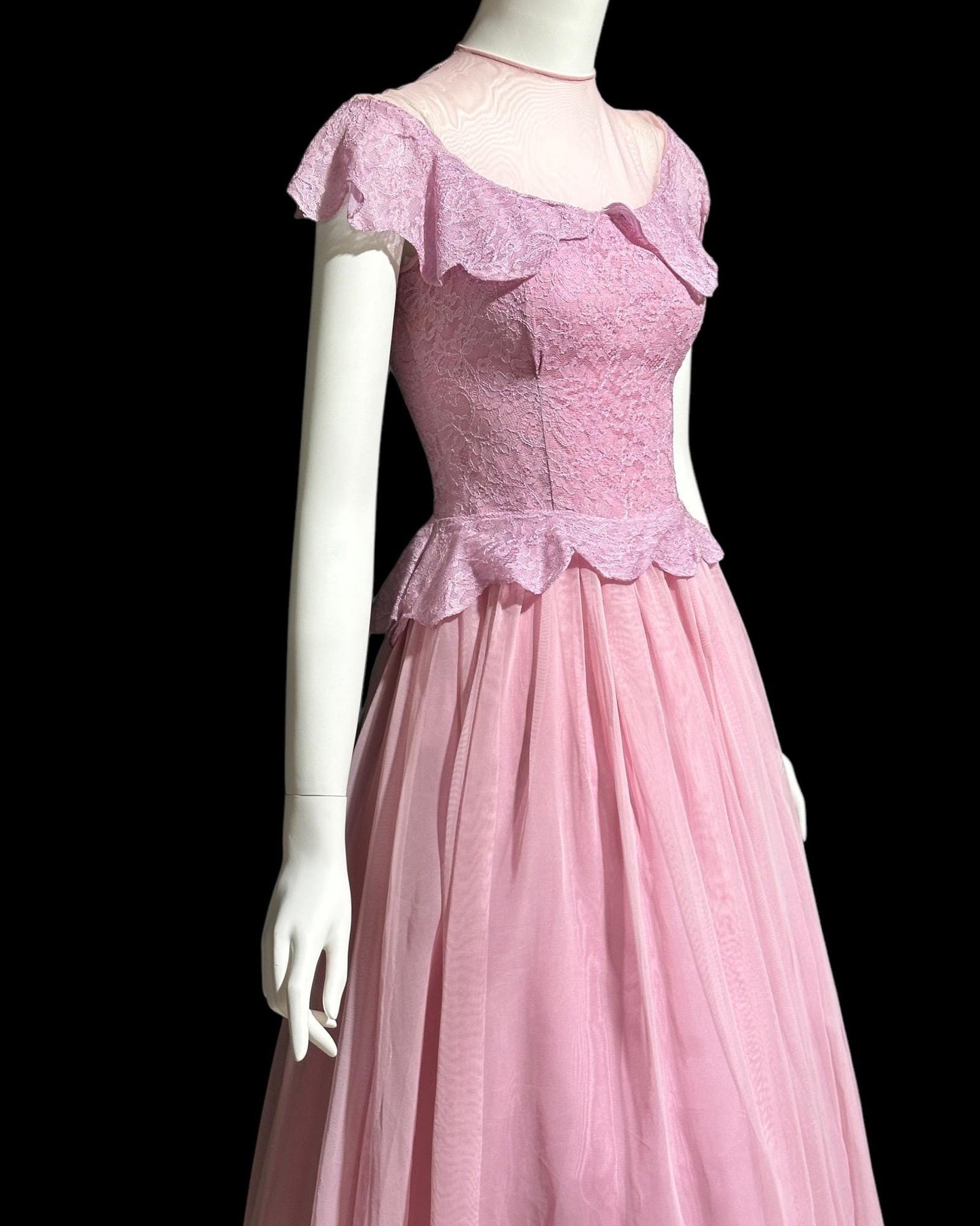 1940s vintage evening gown dress, Orchid purple mesh cupcake prom dress, illusion top with ruffle, peplum circle skirt