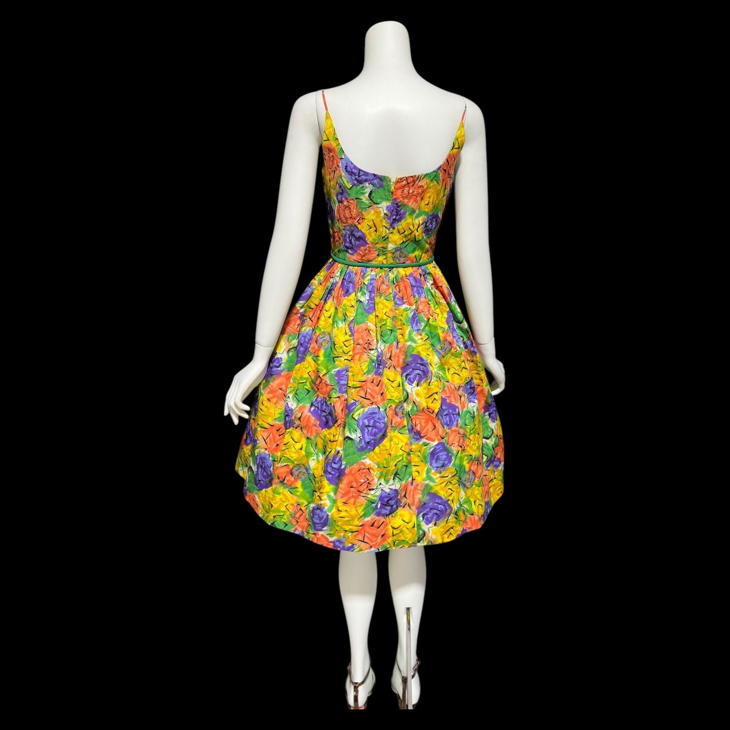 1950s vintage Dress, Floral Cotton Pinup Sundress, Pleated full skirt with sequins